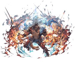 Rule 34 | 1boy, abs, bara, black hair, blue fire, dark-skinned male, dark skin, draph, earrings, eyepatch, fighting stance, fire, full body, gloves, granblue fantasy, horns, jewelry, large pectorals, long hair, looking at viewer, male focus, manly, muscular, navel, official art, one eye covered, pants, pectorals, pointy ears, reinhardtzar, revealing clothes, shoes, smile, solo, transparent background, white background