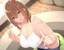 Rule 34 | 1girl, blush, breasts, brown hair, cleavage, collarbone, crossed bangs, from above, go-1, hair between eyes, highres, holding, indoors, jacket, large breasts, long sleeves, looking at viewer, medium hair, mimikaki, open mouth, original, pointing, pointing at viewer, rug, shirt, sitting, smile, solo, white shirt, wooden floor, yellow eyes