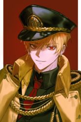 Rule 34 | 1boy, absurdres, blonde hair, coat, earrings, fate/extra, fate (series), gilgamesh (fate), hat, highres, jewelry, kepi, looking at viewer, male focus, military hat, necktie, official alternate costume, open clothes, open coat, portrait, red eyes, red necktie, short hair, smug, solo, upper body, yellow coat