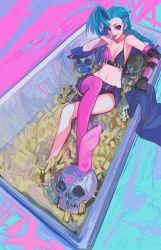 Rule 34 | 1girl, absurdres, ahoge, bathtub, bikini, bikini top only, blue hair, braid, breasts, candy, crossed legs, elbow gloves, eyeshadow, fang, food, gloves, highres, huge ahoge, jinx (league of legends), league of legends, lollipop, long hair, makeup, midriff, navel, nose, orange-may, pink eyes, pink thighhighs, reclining, shell casing, short shorts, shorts, simple background, single elbow glove, single thighhigh, skull, small breasts, solo, swimsuit, tattoo, thighhighs, tongue, twin braids