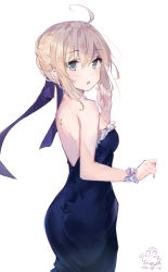 Rule 34 | 1girl, absurdres, ahoge, alternate costume, artoria pendragon (all), artoria pendragon (fate), ass, back, backless dress, backless outfit, bare shoulders, black dress, blonde hair, blue ribbon, blush, braid, dated, dress, fate/grand order, fate (series), frilled dress, frills, from behind, gown, grey eyes, hair between eyes, hair bun, hair ribbon, highres, jewelry, looking at viewer, looking back, necklace, ribbon, saber (fate), sai (saipoko), short hair, simple background, single hair bun, solo, strapless, strapless dress, tiara, white background, wrist bow
