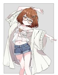 1girl asami-chan blue_shorts breasts bright_pupils brown_eyes brown_hair camisole closed_mouth coat collarbone commentary cosplay denim denim_shorts english_commentary feet_out_of_frame gauze gauze_on_leg glasses grey_background hair_ornament hairclip highres original shinosawa_hiro shinosawa_hiro_(cosplay) short_hair short_shorts shorts simple_background small_breasts solo standing white_camisole white_coat white_pupils wide_sleeves