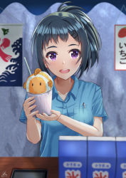 Rule 34 | 1girl, :d, akiyama0818, black hair, blue shirt, blurry, blurry foreground, cup, disposable cup, drinking straw, food, hair ornament, hairclip, highres, open mouth, pen, purple eyes, shaved ice, shiroi suna no aquatope, shirt, smile, solo, standing, teruya tsukimi, upper body