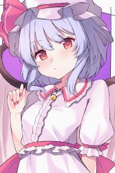 Rule 34 | 1girl, absurdres, bat wings, blue hair, closed mouth, commentary request, hat, hat ribbon, highres, katsukare, looking at viewer, mob cap, pointy ears, purple background, purple hair, red eyes, red nails, red ribbon, remilia scarlet, ribbon, shirt, short hair, short sleeves, skirt, solo, touhou, upper body, white hat, white shirt, white skirt, wings