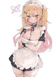 Rule 34 | 1girl, absurdres, ahoge, blonde hair, blush, breasts, cleavage, funyo (masa), gradient hair, hair ornament, hairclip, highres, large breasts, maid, maid headdress, medium breasts, mole, mole under eye, multicolored hair, original, pink eyes, pink hair, simple background, smile, solo, thighhighs, white background, white thighhighs