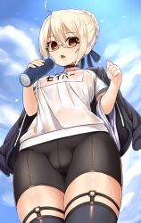 Rule 34 | 1girl, ahoge, artoria pendragon (fate), bike shorts, black jacket, blonde hair, bottle, braid, cameltoe, chiroshiron, choker, covered erect nipples, crown braid, fate/grand order, fate (series), glasses, gym shirt, hair ribbon, highres, jacket, looking at viewer, mysterious heroine x alter (fate), mysterious heroine x alter (second ascension) (fate), outdoors, ribbon, semi-rimless eyewear, shirt, solo, sweat, sweatdrop, thighhighs, towel, water bottle, white shirt, yellow eyes