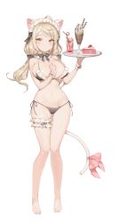 Rule 34 | 1girl, absurdres, ahoge, animal ears, bare legs, bare shoulders, barefoot, bikini, black bikini, blonde hair, bow, bowtie, breasts, bridal garter, cake, cake slice, cat ears, cat girl, cat tail, choyeon, closed mouth, detached collar, expressionless, food, frilled bikini, frills, full body, hair bow, halterneck, hand on own chest, hand up, highres, holding, holding tray, large breasts, long hair, looking at viewer, low twintails, maid, maid bikini, maid headdress, navel, original, parfait, scrunchie, side-tie bikini bottom, simple background, solo, stomach, string bikini, swimsuit, tail, tail bow, tail ornament, thighs, tray, twintails, unconventional maid, white background, wrist scrunchie, yellow eyes