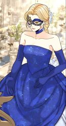 Rule 34 | 1girl, blonde hair, blue dress, blue mask, blue sleeves, breasts, closed mouth, dress, flower, highres, long hair, long sleeves, looking down, mask, navier ellie trovi, small breasts, solo, the remarried empress, yellow eyes
