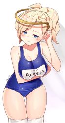 Rule 34 | 1girl, absurdres, artist name, bad id, bad pixiv id, blonde hair, blue eyes, blush, breast hold, breasts, character name, cleavage, collarbone, goyain, halo, hand to head, head tilt, headgear, highres, large breasts, looking at viewer, mechanical halo, mercy (overwatch), name tag, one-piece swimsuit, overwatch, overwatch 1, ponytail, school uniform, short hair, skin tight, solo, swimsuit, thigh gap, thighhighs, white thighhighs
