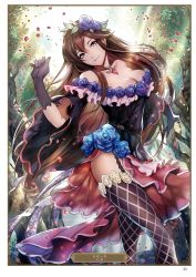 Rule 34 | 1girl, artist name, black gloves, black thighhighs, breasts, brown eyes, brown hair, card (medium), character name, cleavage, collarbone, day, dress, floating hair, flower, forest, garter straps, gloves, granblue fantasy, hair between eyes, hair flower, hair ornament, head tilt, highres, large breasts, long hair, looking at viewer, mikubu, nature, outdoors, page number, parted lips, petals, purple flower, rosetta (granblue fantasy), smile, solo, standing, sunlight, thighhighs, very long hair