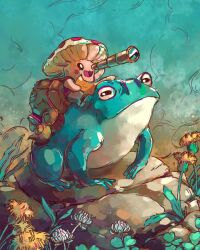 Rule 34 | :d, backpack, bag, brown bag, clover, clover (flower), commentary, dandelion, english commentary, flower, frog, full body, highres, holding, holding map, holding telescope, john ramsey, leaf, map, monocular, mushroom, no humans, open mouth, original, outdoors, personification, plant, riding, rock, sitting, smile, teapot, telescope, white flower