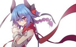 Rule 34 | 1other, bare shoulders, blue hair, braid, collar, collared shirt, detached sleeves, from side, hair flaps, hair ribbon, highres, horns, interlocked fingers, kashisuover, long hair, looking at viewer, looking to the side, meika mikoto, multicolored hair, own hands together, pink eyes, pink hair, red collar, ribbon, shirt, simple background, sleeveless, sleeveless shirt, smile, solo, thick eyebrows, two-tone hair, upper body, vocaloid, white background, white shirt, white sleeves
