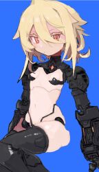 Rule 34 | 1girl, blonde hair, blue background, breasts, expressionless, hair between eyes, highres, joints, long hair, looking at viewer, navel, original, red eyes, robot girl, robot joints, shimosuke, simple background, sitting, small breasts, solo, stomach