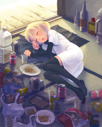 Rule 34 | 1girl, black thighhighs, blonde hair, bottle, can, chopsticks, closed eyes, drink can, food, lowres, lying, no shoes, on floor, on side, original, sleeping, soda can, solo, thighhighs, weno, weno&#039;s blonde original character, zettai ryouiki