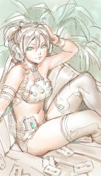Rule 34 | 1girl, arm up, bare shoulders, bra, bracelet, brown hair, closed mouth, commentary, feet out of frame, from side, green eyes, grey thighhighs, hand on own head, headphones, highres, jewelry, light smile, listening to music, looking at viewer, micro shorts, navel, one side up, original, pale color, short shorts, shorts, sitting, sketch, solo, thighhighs, timbougami, underwear, walkman
