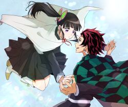Rule 34 | 1boy, 1girl, :d, :o, black hair, black jacket, black skirt, blue sky, boots, brown eyes, brown hair, butterfly hair ornament, cape, checkered cape, commentary request, eye contact, hair ornament, holding hands, jacket, kamado tanjirou, kimetsu no yaiba, long hair, looking at another, open mouth, outdoors, purple eyes, san mon, side ponytail, skirt, sky, smile, sunlight, tsuyuri kanao, white cape, white footwear