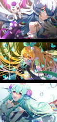 Rule 34 | 3girls, absurdres, black gloves, blonde hair, blue eyes, blue hair, brown eyes, brown hair, bug, butterfly, commentary, crown, dragon, elbow gloves, elira pendora, elira pendora (1st costume), english commentary, finana ryugu, fins, fish girl, floating hair, flower, frilled sailor collar, frills, gloves, green hair, green ribbon, grey gloves, grey overalls, hair behind ear, hair flower, hair ornament, hair over one eye, hair ribbon, head fins, head wings, highres, insect, lazulight, long hair, looking at viewer, mole, morinohito, multiple girls, nijisanji, nijisanji en, off shoulder, one eye covered, overalls, pikl (elira pendora), pointy ears, pomu rainpuff, purple flower, ribbon, sailor collar, smile, spiked bat, sweater, very long hair, virtual youtuber, white flower, white sweater, wings, wrist cuffs