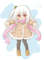 Rule 34 | 1girl, :d, black pantyhose, blush, borrowed character, brown coat, brown footwear, coat, commentary request, female focus, full body, fur-trimmed coat, fur trim, hair between eyes, hair ornament, highres, leaf, long hair, long sleeves, one side up, open mouth, original, outstretched arms, pantyhose, pink scarf, pocket, red eyes, ri-net, scarf, shoes, sidelocks, smile, solo, standing, twitter username, very long hair, white hair