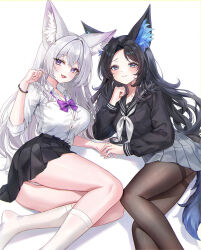 Rule 34 | 2girls, animal ears, bead bracelet, beads, black hair, black shirt, black skirt, blue eyes, bow, bowtie, bracelet, brown pantyhose, closed mouth, collared shirt, dress shirt, fox ears, fox girl, fox tail, grey skirt, hand up, jewelry, kneehighs, long hair, long sleeves, looking at viewer, miniskirt, mole, mole under eye, mrr 05, multiple girls, open mouth, original, panties, pantyhose, parted bangs, partially unbuttoned, pleated skirt, sailor collar, shirt, shirt tucked in, simple background, skirt, smile, socks, tail, thighband pantyhose, thighs, underwear, white background, white hair, white panties, white shirt, white socks