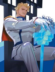 Rule 34 | 1boy, blonde hair, covered abs, gloves, highres, jacket, kray foresight, looking at viewer, male focus, muscular, muscular male, open mouth, pants, pectorals, promare, red eyes, shirt, short hair, solo, spiked hair, white-corner, white gloves, white jacket