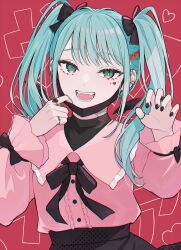 Rule 34 | 1girl, ear piercing, fangs, hair ornament, hatsune miku, heart, highres, jewelry, jirai kei, long hair, long sleeves, looking at viewer, mask, mask pull, mouth mask, open mouth, piercing, red background, ribbon, shirt, smile, smtknitoha, solo, twintails, vampire (vocaloid), vocaloid