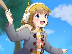 Rule 34 | 1girl, ahoge, animal earmuffs, blonde hair, blue eyes, blue sky, bow print, buttons, clenched hand, cloud, coat, commentary, day, earmuffs, eyelashes, fur-trimmed coat, fur trim, grey coat, hairband, hand up, holding, holding paddle, hood, hood down, hooded coat, idolmaster, idolmaster million live!, light blush, long sleeves, looking ahead, medium hair, open clothes, open coat, open mouth, outdoors, outstretched arms, paddle, shirt, sky, smile, solo, sparkle, striped clothes, striped shirt, suou momoko, teeth, tree, turtleneck, two-tone shirt, upper body, upper teeth only, wavy hair, white hairband, white shirt, winter clothes, witoi (roa), yellow shirt