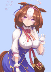 Rule 34 | 1girl, @ @, absurdres, ahoge, animal ears, bag, becherry, between breasts, breasts, brown bag, brown hair, buttons, center frills, closed mouth, commentary request, cowboy shot, double-breasted, dress, flying sweatdrops, frills, hair between eyes, hands on own chest, highres, horse ears, horse girl, horse tail, large breasts, looking at viewer, meisho doto (umamusume), multicolored hair, purple dress, purple eyes, purple ribbon, ribbon, simple background, smile, solo, strap between breasts, streaked hair, tail, umamusume, white hair