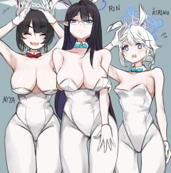 Rule 34 | 3girls, ^ ^, alternate costume, animal ears, arms up, black hair, blue archive, blue bow, blue bowtie, blue eyes, bow, bowtie, breasts, brown hair, character name, cleavage, closed eyes, closed mouth, commentary request, detached collar, fake animal ears, glasses, gloves, grey background, halo, highres, kirino (blue archive), large breasts, leotard, looking at viewer, multiple girls, niya (blue archive), pantyhose, playboy bunny, pointy ears, rabbit ears, red bow, red bowtie, rin (blue archive), short hair, simple background, toitomeitoko, white gloves, white hair, white leotard, white pantyhose