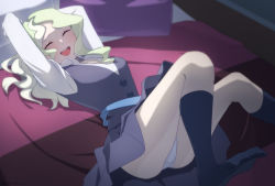 Rule 34 | 1girl, :d, ^ ^, arikindows10, arms up, bed, black socks, blonde hair, bound, bound wrists, breasts, cleavage, closed eyes, commentary, commentary request, commission, crotch seam, diana cavendish, dress, foot out of frame, highres, little witch academia, long hair, luna nova school uniform, lying, medium breasts, no shoes, on back, on bed, open mouth, panties, pants, pantyshot, pillow, pinafore dress, school uniform, sleeveless dress, smile, socks, solo, teeth, thighs, underwear, upper teeth only, wavy hair, white pants