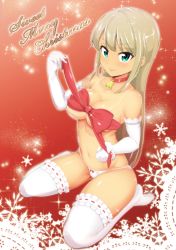 Rule 34 | 1girl, absurdres, alessandra susu, aqua eyes, bad id, bad pixiv id, bare shoulders, bell, blonde hair, blush, bow, bow panties, breasts, cleavage, closed mouth, collar, collarbone, earrings, elbow gloves, frilled thighhighs, frills, gloves, highres, hoop earrings, jewelry, jingle bell, kazuo daisuke, large breasts, long hair, looking at viewer, merry christmas, navel, neck bell, panties, red background, red ribbon, ribbon, sitting, smile, snowflake background, snowflakes, solo, tan, tanline, thighhighs, thighs, tokyo 7th sisters, underwear, white gloves, white panties, white thighhighs