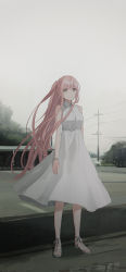 Rule 34 | 1girl, bare arms, bare shoulders, breasts, brown eyes, car, chihuri, closed mouth, cloud, cloudy sky, collared dress, dress, hair between eyes, highres, long hair, motor vehicle, original, outdoors, overcast, pink hair, ponytail, power lines, sandals, sky, sleeveless, sleeveless dress, small breasts, solo, standing, truck, utility pole, very long hair, white dress, white footwear, yana (chihuri)