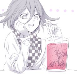 Rule 34 | 1boy, :d, bad id, bad pixiv id, checkered clothes, checkered scarf, chikuwapan, danganronpa (series), danganronpa v3: killing harmony, drinking straw, flipped hair, glass, hair between eyes, hat, holding, holding drinking straw, jacket, long sleeves, male focus, monochrome, open mouth, oma kokichi, scarf, shoes, sitting, skirt, smile, solo, spot color, teeth, upper body, upper teeth only, witch hat, yumeno himiko