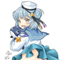 Rule 34 | 1girl, aqua skirt, black ribbon, blue hair, blue sailor collar, commentary request, cowboy shot, dated, dixie cup hat, double bun, from behind, hair bun, hat, hat ribbon, highres, kantai collection, little blue whale (kancolle), long sleeves, looking at viewer, looking back, medal, military hat, miniskirt, navy cross, no panties, one-hour drawing challenge, pleated skirt, ribbon, sailor collar, samuel b. roberts (kancolle), school uniform, serafuku, shirt, short hair, signature, skirt, sleeve cuffs, solo, tk8d32, upper body, whale, white hat, white shirt, yellow eyes