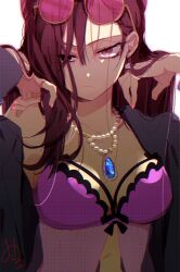 Rule 34 | 1girl, black jacket, blue gemstone, closed mouth, earrings, expressionless, eyewear on head, gem, glasses, hair over one eye, highres, jacket, jacket partially removed, jewelry, kao ru05, kashiki yuno, lingerie, long hair, looking at viewer, milgram, necklace, pearl necklace, red eyes, red hair, solo, underwear, white background