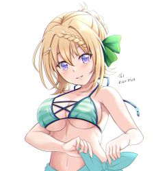 Rule 34 | 1girl, artist name, bikini, blonde hair, blue sarong, braid, braided bun, breasts, collarbone, dated, green bikini, hair bun, hair ornament, hairclip, kantai collection, large breasts, long hair, looking at viewer, official alternate costume, perth (kancolle), purple eyes, sarong, signature, simple background, smile, solo, striped bikini, striped clothes, swimsuit, tk8d32, white background