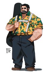 Rule 34 | 1boy, absurdres, arm hair, baggy pants, bara, beard, blue pants, chest hair, facial hair, full body, guitar case, hawaiian shirt, highres, holding, holding behind back, huge eyebrows, instrument case, looking at viewer, male focus, mature male, mole, mole under eye, muscular, muscular male, original, pants, pectoral cleavage, pectorals, ross (doodlrenzo), ross (renzo), shirt, short hair, solo, standing, wrinkled skin, yellow shirt