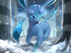 Rule 34 | animal focus, artist name, blue sclera, blue sky, blue theme, blurry, blurry background, breath, colored sclera, creatures (company), crystal, game freak, gen 4 pokemon, glaceon, highres, ice, looking at viewer, nintendo, no humans, open mouth, outdoors, pokemon, pokemon (creature), rio (user nvgr5434), running, sideways mouth, signature, sky, snow, snowing, solo, tree, white eyes