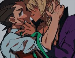 Rule 34 | 2boys, ace attorney, apollo justice, black shirt, blonde hair, blush, brown eyes, brown hair, collared shirt, commentary request, dark-skinned male, dark skin, earrings, forked eyebrows, green necktie, grgrton, hand on another&#039;s head, imminent kiss, jacket, jewelry, klavier gavin, looking at viewer, male focus, multiple boys, necktie, open collar, pectorals, purple jacket, red vest, ring, shirt, short hair, tongue, vest, white shirt, yaoi