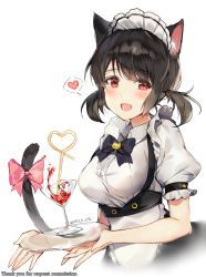 Rule 34 | 1girl, :d, animal ear fluff, animal ears, apron, black bow, black bowtie, black dress, black hair, blush, bow, bowtie, breasts, cat ears, cat girl, cat tail, cocktail glass, collared dress, commission, cup, dress, drink, drinking glass, drinking straw, frilled apron, frilled dress, frilled sleeves, frills, heart, highres, holding, holding tray, long hair, looking at viewer, low twintails, maid apron, maid headdress, medium breasts, mo:oku, open mouth, original, puffy short sleeves, puffy sleeves, red eyes, ribbon, short sleeves, smile, solo, spoken heart, tail, tail ornament, tail ribbon, tray, twintails, twitter username, upper body, waist apron