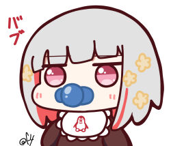 Rule 34 | 1girl, absurdres, aged down, baby, bib, colored inner hair, commentary request, covered mouth, flower, grey hair, hair flower, hair ornament, highres, jitome, link! like! love live!, long sleeves, love live!, multicolored hair, onesie, oofushi ao, pacifier, red eyes, red hair, short hair, signature, solo, streaked hair, translation request, yellow flower, yugiri tsuzuri