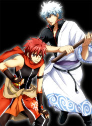 Rule 34 | 2boys, bokken, brown eyes, character request, crossover, fingerless gloves, gintama, gloves, japanese clothes, male focus, maruki (punchiki), multiple boys, red eyes, red hair, sakata gintoki, scarf, silver hair, sword, weapon, wooden sword