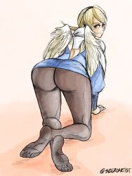 Rule 34 | 1girl, all fours, artist name, ass, back, blonde hair, blue eyes, breath of fire, breath of fire iv, capcom, crossed ankles, feathered wings, feet, from behind, full body, gluteal fold, highres, looking at viewer, looking back, nina (breath of fire iv), pantyhose, smile, soles, szero, thick thighs, thighs, toes, twitter username, white wings, wings