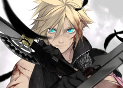 Rule 34 | 1boy, aqua eyes, arm ribbon, armor, black feathers, black gloves, black shirt, blonde hair, blood, blood in hair, blood on arm, blood on face, cloud strife, dirty, dirty face, falling feathers, feathers, final fantasy, final fantasy vii, final fantasy vii advent children, fusion swords, gloves, hair between eyes, high collar, holding, holding sword, holding weapon, injury, kiki lala, looking at viewer, male focus, open collar, pink ribbon, ribbon, shirt, short hair, shoulder armor, sleeveless, sleeveless shirt, solo, spiked hair, square enix, sword, upper body, weapon