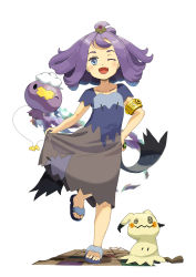 Rule 34 | 1girl, ;d, absurdres, acerola (pokemon), armlet, blue dress, blue eyes, blush, commentary, creatures (company), dress, drifloon, eyelashes, fang, flip-flops, game freak, gen 4 pokemon, gen 7 pokemon, grey dress, hair ornament, hairclip, highres, kun (user tmwh7453), leg up, medium hair, mimikyu, multicolored clothes, multicolored dress, nintendo, one eye closed, open mouth, pokemon, pokemon (creature), pokemon sm, purple hair, sandals, short sleeves, smile, standing, standing on one leg, stitches, tongue, topknot, torn clothes, torn dress