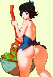 Rule 34 | 1girl, ass, back, bare back, bare legs, bare shoulders, betty rubble, black hair, blue bow, blue dress, blue eyes, bow, bowl, breasts, carrot, ctrlgon, dress, food, fork, from behind, gradient background, green background, hair bow, hip focus, holding, holding fork, kneeling, lips, looking at viewer, looking back, microdress, no bra, panties, pantyshot, parted lips, salad, shadow, short dress, short hair, sideboob, simple background, solo, teeth, the flintstones, two-handed, underwear