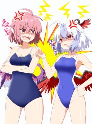 Rule 34 | 2girls, ahoge, anger vein, animal ears, artist name, bare arms, bare legs, bare shoulders, bird ears, bird wings, blue hair, blue one-piece swimsuit, blush, collarbone, commission, competition swimsuit, cowboy shot, grey hair, groin, hair between eyes, head wings, highres, multicolored hair, multiple girls, mystia lorelei, one-piece swimsuit, open mouth, pink eyes, pink hair, red wings, rise (rise19851203), school swimsuit, second-party source, shaded face, short hair, signature, single head wing, skeb commission, swimsuit, tokiko (touhou), touhou, two-tone hair, white wings, wings