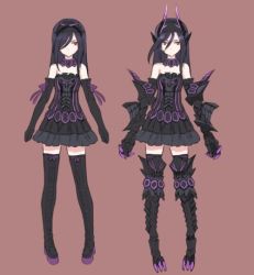 Rule 34 | 1girl, breasts, claws, dress, elbow gloves, gore magala, gothic lolita, horns, lolita fashion, long hair, monster hunter (series), personification, red eyes, thigh boots, thighhighs