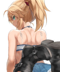 Rule 34 | 1girl, ass, back, bad id, bad twitter id, bandeau, bare shoulders, black footwear, blonde hair, blue shorts, boots, braid, breasts, denim, denim shorts, fate/apocrypha, fate/grand order, fate (series), french braid, green eyes, highres, long hair, looking at viewer, looking back, mordred (fate), mordred (fate/apocrypha), mordred (memories at trifas) (fate), parted bangs, ponytail, short shorts, shorts, sidelocks, small breasts, solo, tonee