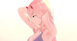 Rule 34 | 10s, 1girl, aqua eyes, armpits, arms up, blue bra, bra, darling in the franxx, hands in hair, highres, horns, long hair, pink hair, profile, red horns, solo, teataster, underwear, zero two (darling in the franxx)