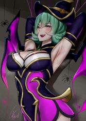 Rule 34 | absurdres, armpits, bewitching elise, black dress, black hat, black sleeves, blush, breasts, brown background, bug, detached sleeves, dress, elise (league of legends), green hair, halloween, hat, highres, large breasts, league of legends, pink dress, pink wings, short hair, signature, smile, solo, spider, sweat, two-tone dress, two-tone headwear, two-tone wings, upper body, wei miao, wings